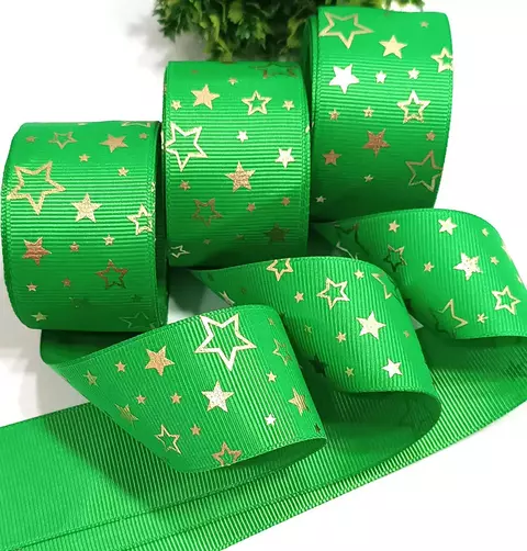 Fita Verde Estrela Dourada Gorgorão 38mm Peça com 10 metros