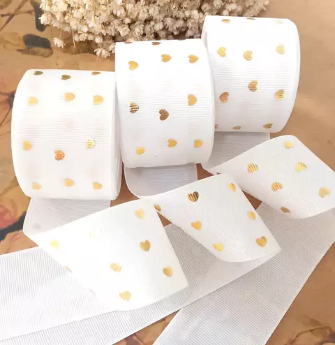 Fita Branca Coração Dourado 38mm x 10m