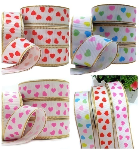 Fita de Gorgorão Coração Borda Dourada 25mm x 10m