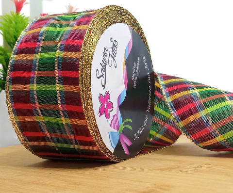 Fita de Organza Natal Xadrez – 38mm- 10m- Borda Dourada (Não Aramada) - comprar online