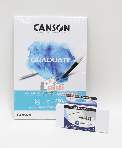 Kit Acuarela: Block Canson 250gr x20hojas + acuarelas Aquafine x12
