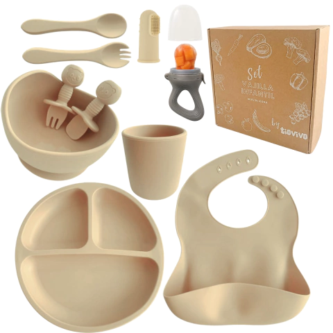 SET DE ALIMENTACIÓN BEBÉ+ CHUPETE + CEPILLO - Beige Pastel
