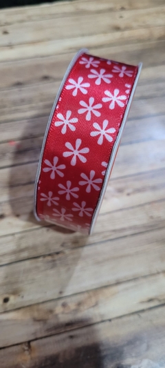 CINTA DE RASO DECORADA ROJA FLOR BLANCA - CRAFT SMART -