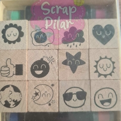 SELLO DE MADERA - CLIMA Y EMOJIS - kit x12 + 4 tintas - - comprar online