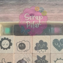 SELLO DE MADERA - CLIMA Y EMOJIS - kit x12 + 4 tintas - en internet