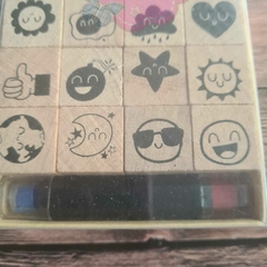 SELLO DE MADERA - CLIMA Y EMOJIS - kit x12 + 4 tintas - - Scrap Pilar