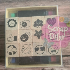 SELLO DE MADERA - CLIMA Y EMOJIS - kit x12 + 4 tintas -