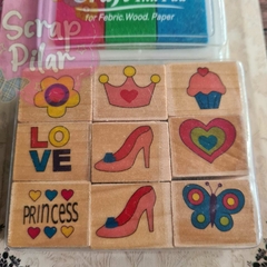 SET DE 9 SELLOS DE MADERA - PRINCESA - CON TINTA VERDE, ROJA Y TURQUEZA - en internet