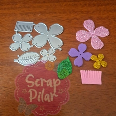 DIE / TROQUEL - SET DE 3 FLORES DE 4 PETALOS ,HOJAS Y CENTRO DE FLOR