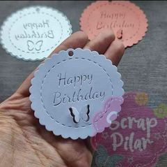 DIE / TROQUEL - TAG REDONDO HAPPY BIRTHDAY CON MARIPOSA QUEDA EN RELIEVE en internet