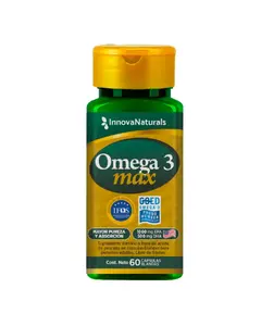 Frasco verde con tapa amarilla de suplemento Omega 3 Max de InnovaNaturals, 60 cápsulas blandas