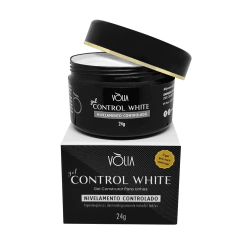 Frasco de gel de unhas Volia Control White, 24g, com tampa preta e embalagem branca.
