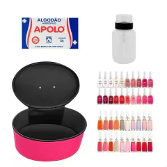 Kit manicure com nécessaire rosa, algodão hidrófilo Apolo, porta removedor transparente e 40 esmaltes em diversas cores