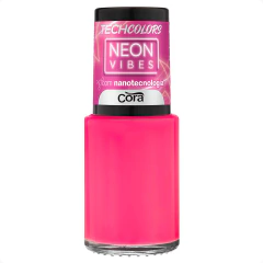 Esmalte Cora Techcolors Neon Vibes na cor Pink Babado Neon em frasco transparente com tampa preta