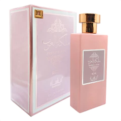 Perfume Feminino Malikat AL Arab Rose EDP 100ML com embalagem rosa e frasco retangular rosa com tampa dourada