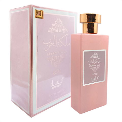 Perfume Feminino Malikat AL Arab Rose EDP 100ML com embalagem rosa e frasco retangular rosa com tampa dourada