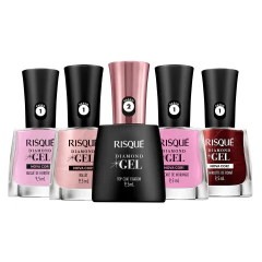 Kit de esmaltes Risqué Diamond Gel com quatro cores variadas e top coat fixador