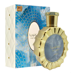Perfume feminino árabe Lattafa Victoria 100ml com frasco dourado e embalagem azul decorativa