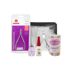Kit manicure pessoal com alicate Mundial 777, esmaltes, palitos de cutícula, lixas para unhas e nécessaire transparente