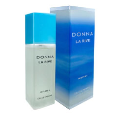 Frasco de perfume feminino La Rive Donna Eau de Parfum 90ml com tampa azul ao lado da embalagem azul degradê