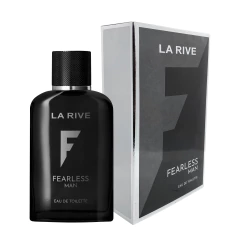 Perfume masculino La Rive Fearless Man EDT 90ml com frasco preto e caixa preta com detalhes em cinza