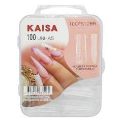 Caixa plástica transparente com 100 moldes de unha F1 com curvatura C e formato quadrado, marca KAISA