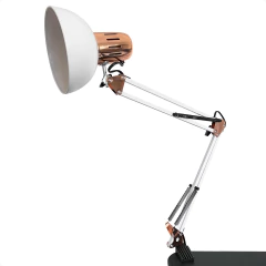 Luminária de mesa articulada com design moderno, ideal para manicures, com corpo branco e detalhes em cobre.
