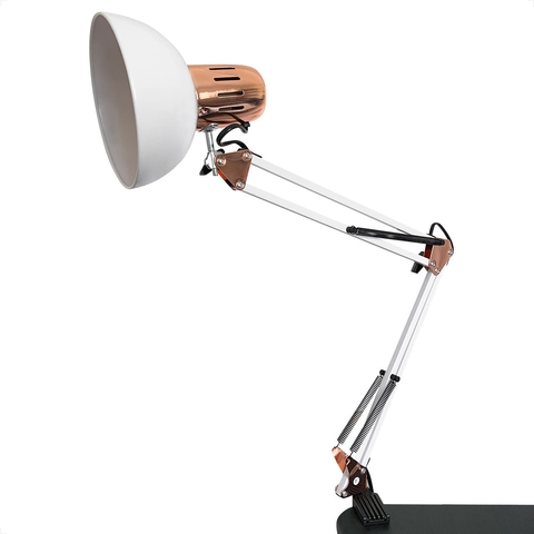 Luminária de mesa articulada com design moderno, ideal para manicures, com corpo branco e detalhes em cobre.