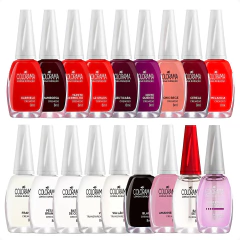 Kit com 18 esmaltes Colorama em várias cores, incluindo tons de vermelho, rosa, branco, preto e lilás, com acabamento cremoso e transparente, embalagens de 8ml