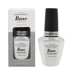 Frasco de Base Gel Blindagem de Unhas Cuccio Universal Soak Off 13ml, acompanhado de sua embalagem.
