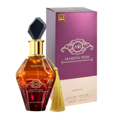 Frasco e embalagem do perfume feminino Riiffs Majestic Rose 100ML em tons de roxo e dourado