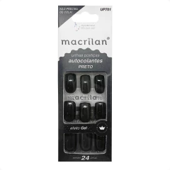 Unha Postiça Autocolante Macrilan Efeito Gel Preto 24 unhas