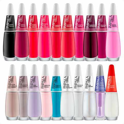 Kit de esmaltes Impala com 20 unidades em diversas cores vibrantes e acabamentos cremosos e perolados