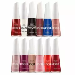 Kit de 12 esmaltes Risqué Clássicos Mais Pedidos em diversas cores, incluindo tons vermelhos, nude, branco, preto e azul, embalagens de 8ml com tampa branca.