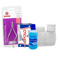 Kit de manicure com alicate para cutículas, algodão Apolo, removedor de acetona Acemar e porta acetona e algodão prático