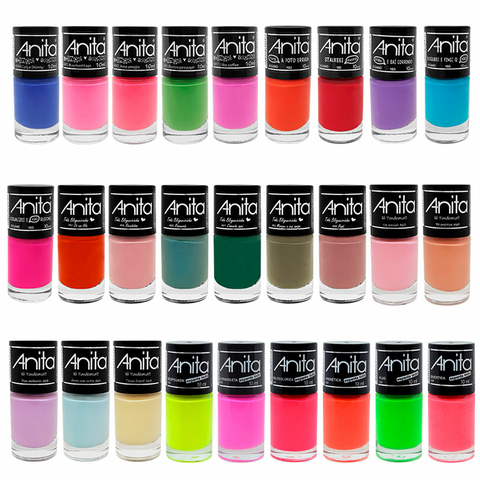 Kit com 27 esmaltes atacado Anita em diversas cores brilhantes e clássicas em frascos de 10 ml