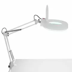 Luminária lupa de mesa articulada para salão de manicure, com braço extensível e luz integrada.