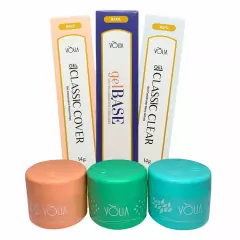 Kit Gel Volia com potes de gel encapsulado, incluindo Classic Cover e Classic Clear.