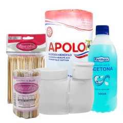 Kit de manicure tradicional com acetona, algodão hidrófilo, palitos de madeira, lixas para unhas mini pop e dois potes plásticos transparentes