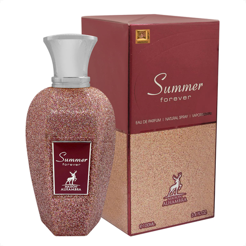 Perfume Árabe Summer Forever Feminino 100ml com frasco rosa brilhante e tampa prateada ao lado da embalagem na mesma cor