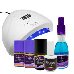 Kit completo de unhas de gel com cabine LED e produtos para aplicação.
