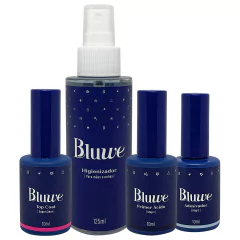 Kit Unhas Gel Bluwe com quatro produtos: Top Coat, Higienizador, Primer Ácido e Adesivador, embalagens azuis com detalhes brancos