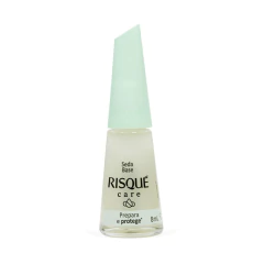 Esmalte base Risqué Care Seda de 8ml, com frasco transparente e tampa verde claro.