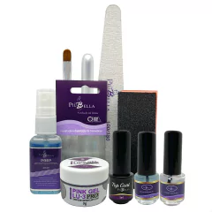 Kit completo de unhas de gel e fibra de vidro da PiuBella, incluindo produtos como gel, top coat, preparador e acessórios.