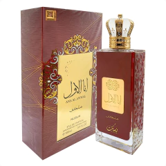 Perfume feminino Ana Al Awwal Red 100ML com embalagem vermelha e detalhes dourados, frasco transparente com tampa decorativa em formato de coroa