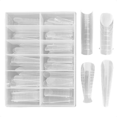 Molde reverso para unhas de gel com 4 formatos diferentes, transparente, organizado em caixa plástica.