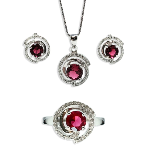 Conjunto de plata 925, con Corindón Rojo y Micro Pavé
