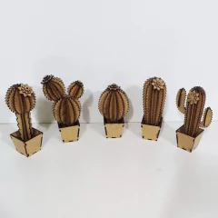 Mini Cactus Mdf - Kit Com 5 Unidades 16 Cm Com Vasinho