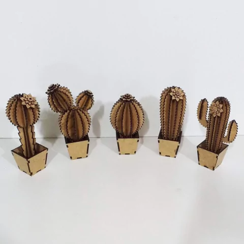 Mini Cactus Mdf - Kit Com 5 Unidades 16 Cm Com Vasinho