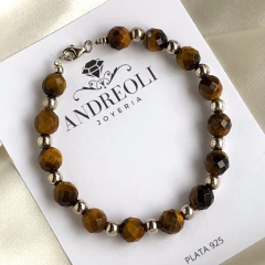 Pulsera de ojo de tigre facetada y bolitas de Plata